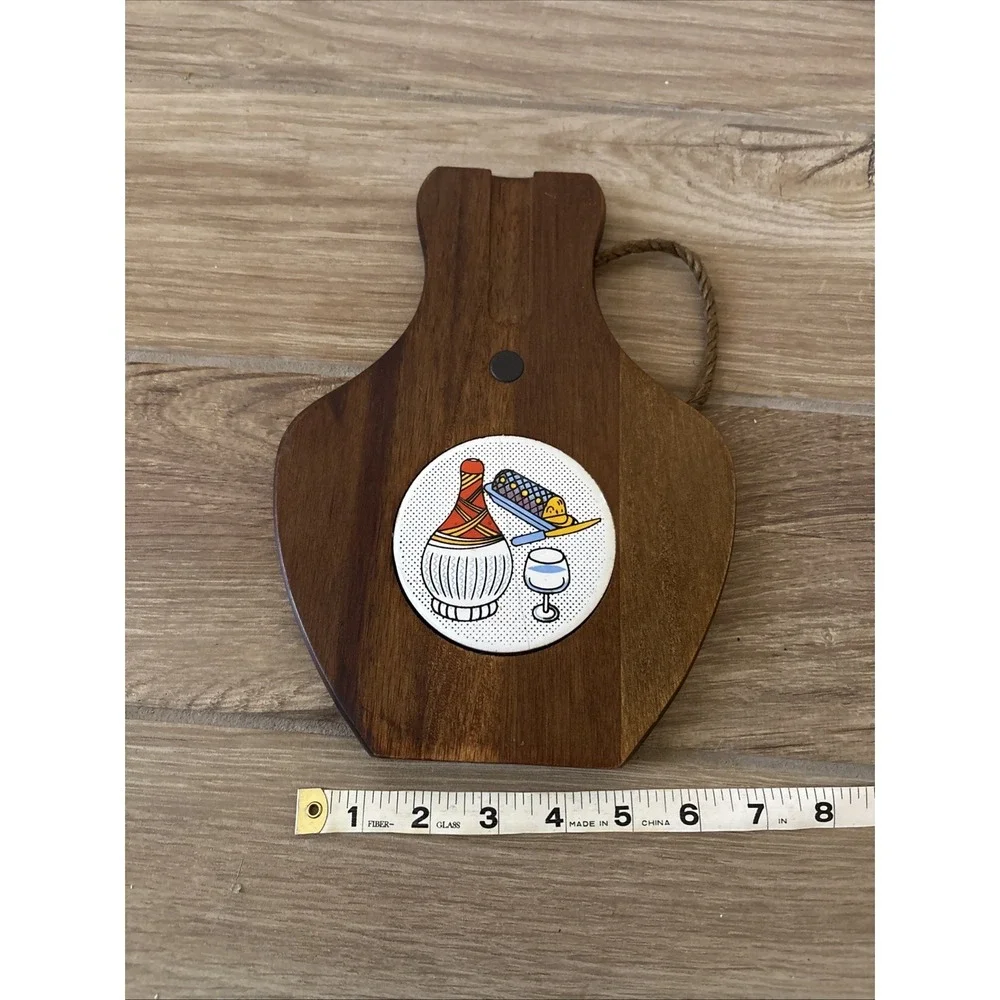Vintage‎ MCM Wooden Cheese Board with Graphic Tile Inlay No Knife